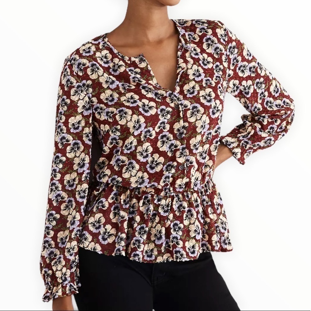 Madewell Burgundy Viola Floral Tied Side Peplum Blouse Size XS